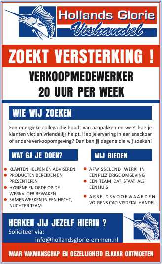 Personeel gezocht Vishandel Hollands Glorie Emmen en omgeving